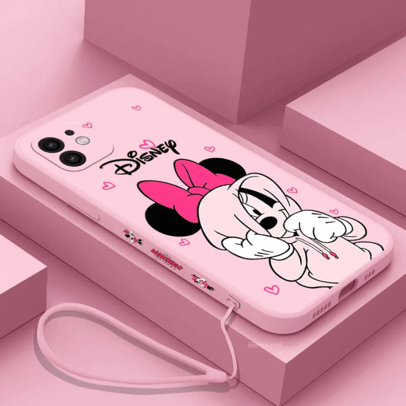 Capinha de Celular para Iphone com Cordão de Brinde de Casal Mickey e Minnie