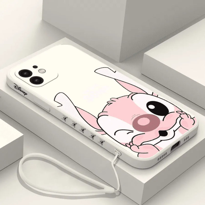 Capinha de Celular para Iphone em Silicone com Cordão de Pulso Beijo do Stitch