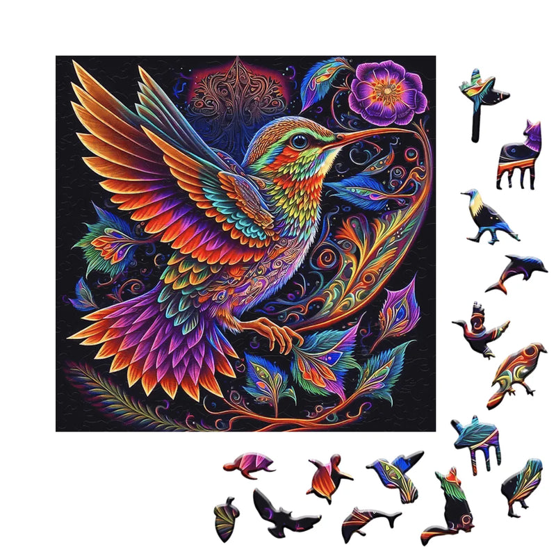 Quebra-Cabeça de Madeira Inova WOOD PUZZLE - Beija-flor Psicodélico | Diversão com Diversos Benefícios