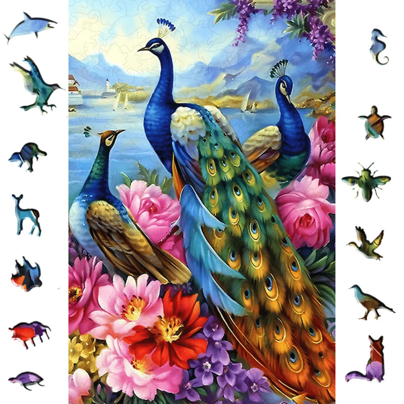 Quebra-Cabeça de Madeira Inova WOOD PUZZLE - Pavões em seu Habitat  | Diversão com Diversos Benefícios