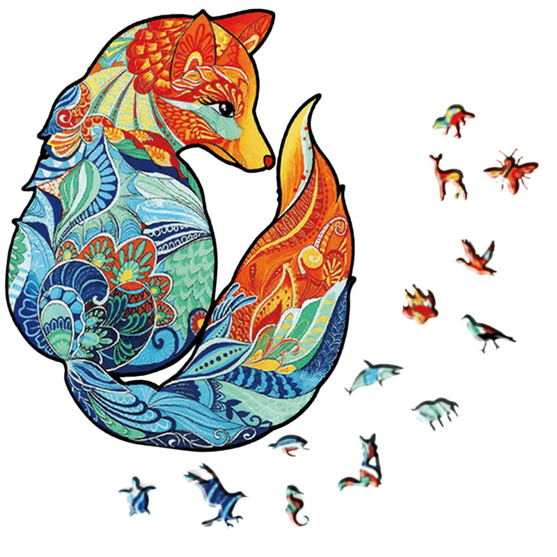 Quebra-Cabeça de Madeira Inova WOOD PUZZLE - Raposa Floral | Diversão com Diversos Benefícios para Crianças e Idosos