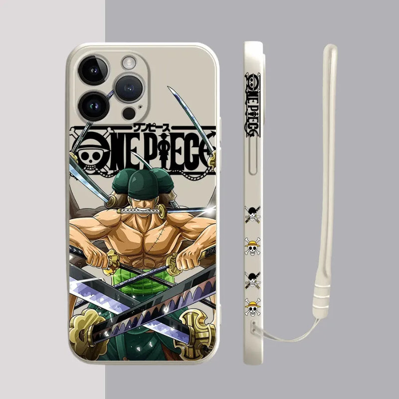 Capinha de Celular para Iphone em Silicone com Cordão One Piece Luffy e Zoro