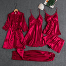 Conjunto 5 Peças Pijama Feminino Monroe Com Camisola, Baby Doll, Shorts, Calça e Roupão Em Seda Gelo Premium | Toque De Seda Confortável