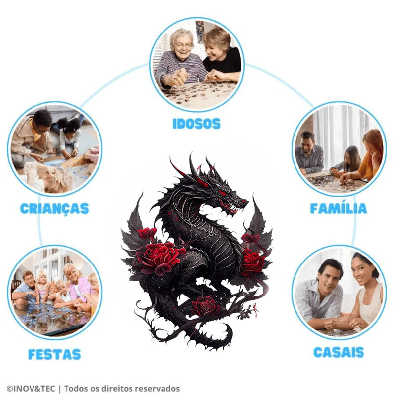 Quebra-Cabeça de Madeira Inova WOOD PUZZLE - Dragão Vermelho | Diversão com Diversos Benefícios para Crianças e Idosos
