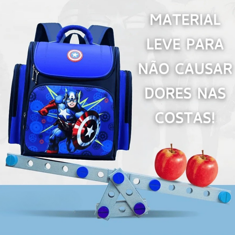 Mochila Escolar Infantil Premium com Almodas Respiráveis Super heróis Capitão América e Homem Aranha