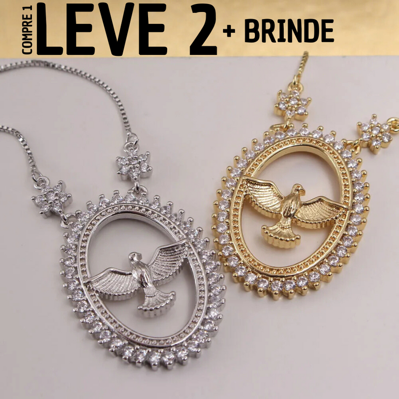 Colar Espirito Santo Cravejado De Cristais e Banhado A Ouro Ou Prata - [COMPRE 1 LEVE 2 + BRINDE]