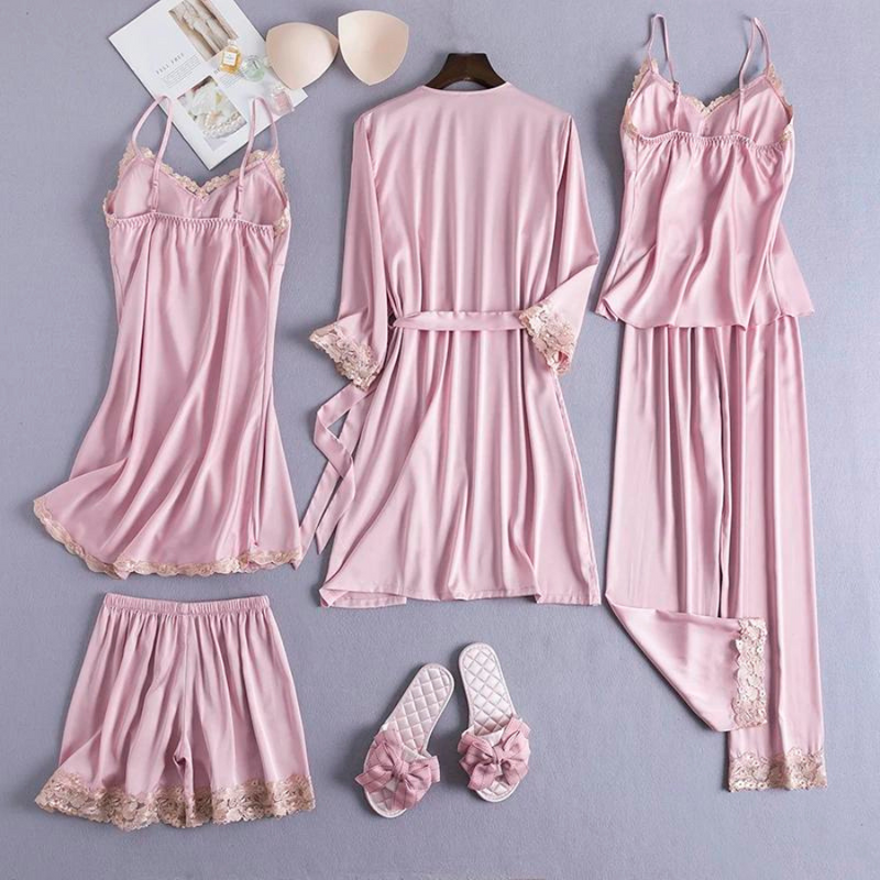 Conjunto 5 Peças Pijama Feminino Madamme Com Camisola, Baby Doll, Shorts, Calça e Roupão Em Seda Gelo Premium | Toque De Seda Confortável