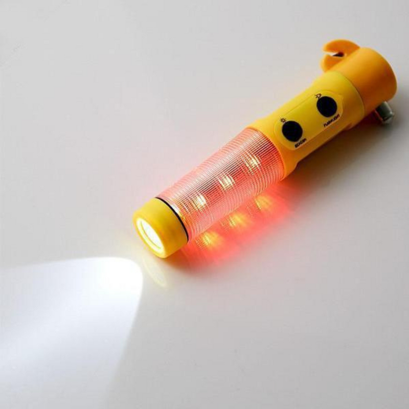 Lanterna para Fuga de Emergência de LED 5 em 1 Sinalização Vermelha, Faca para Cinto de Segurança, Martelo e Imã