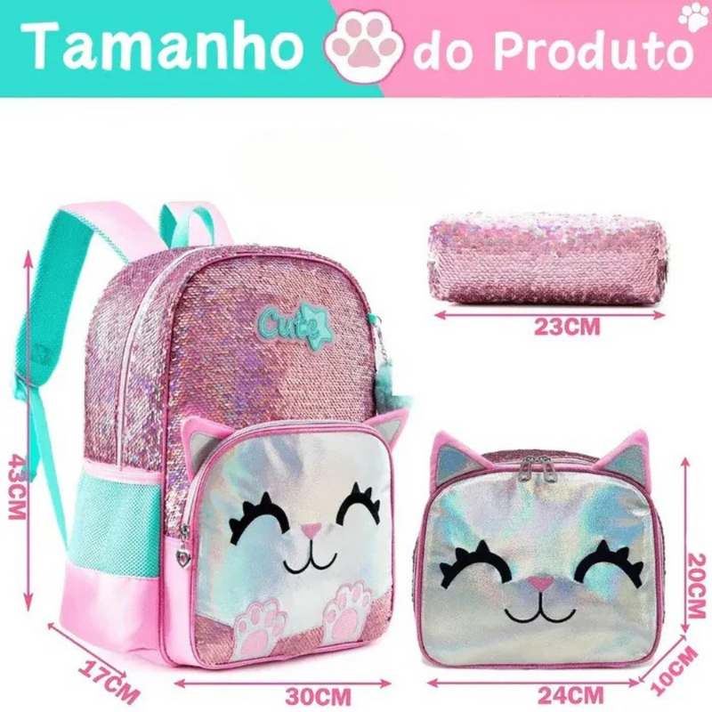 Mochila Infantil para Meninas Super Shine Com Lantejoulas + Estojo e Lancheira de Brinde