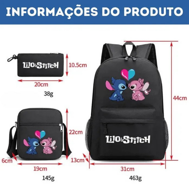 Kit Escolar Infantil Mochila + Lancheira e Estojo Lilo Stitch Lovers