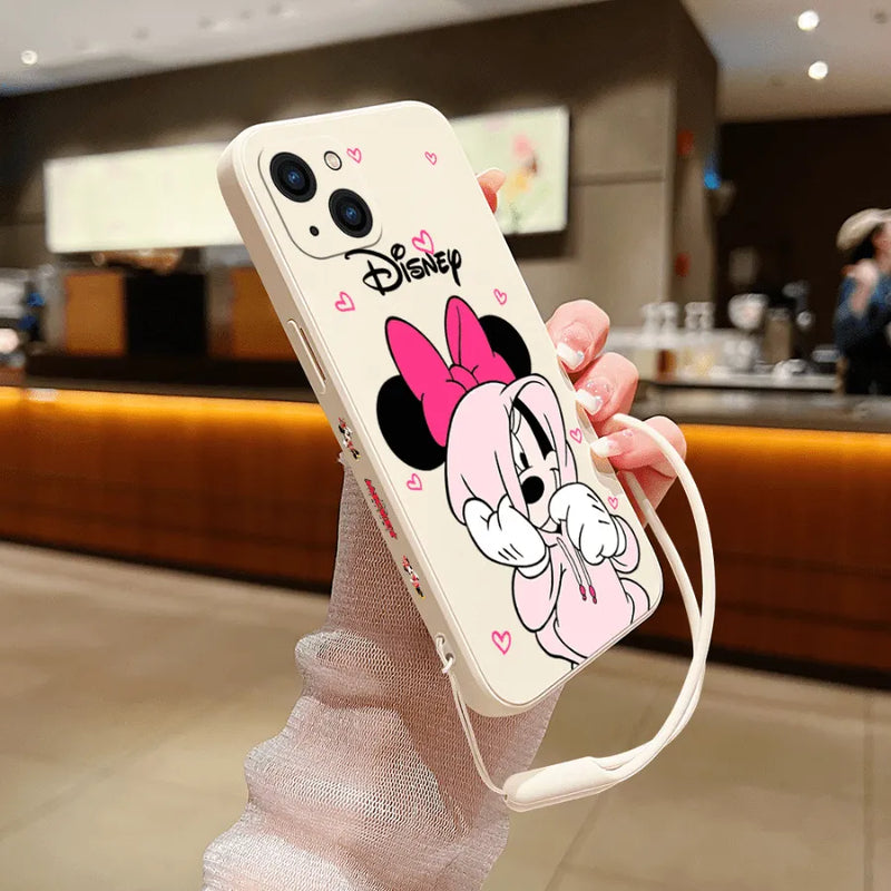 Capinha de Celular para Iphone com Cordão de Brinde de Casal Mickey e Minnie