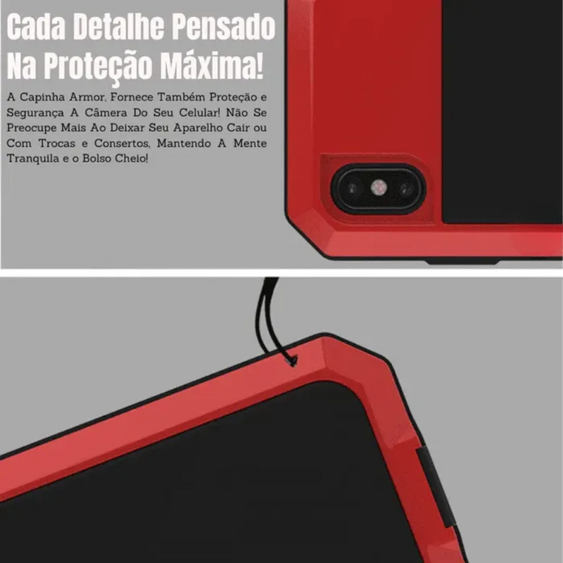 Capinha de Celular para IPhone com Vidro Temperado e Estrutura de Alumínio com Proteção 360° Metal Armor