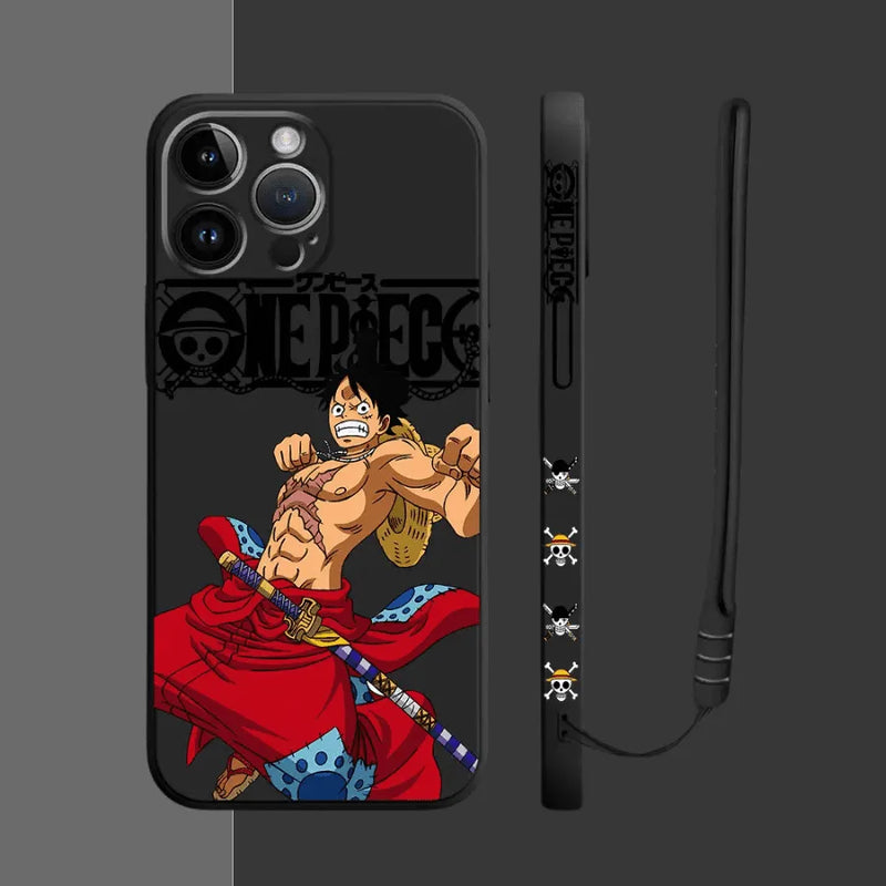 Capinha de Celular para Iphone em Silicone com Cordão One Piece Luffy e Zoro