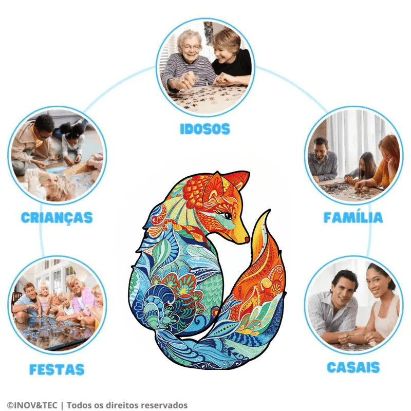 Quebra-Cabeça de Madeira Inova WOOD PUZZLE - Raposa Floral | Diversão com Diversos Benefícios para Crianças e Idosos