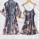 Pijama Feminino OrientalFly Conjunto Camisola e Roupão Em Seda Gelo | Toque De Seda Confortável