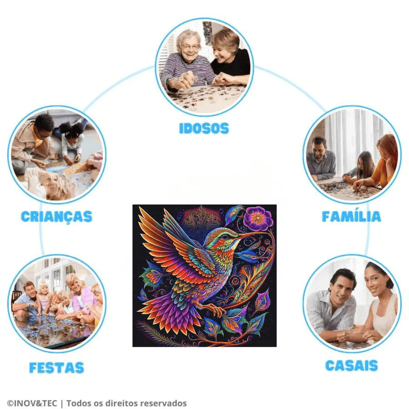 Quebra-Cabeça de Madeira Inova WOOD PUZZLE - Beija-flor Psicodélico | Diversão com Diversos Benefícios