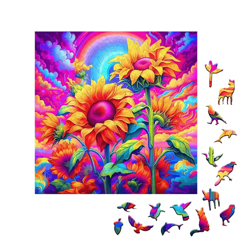 Quebra-Cabeça De Madeira Inova WOOD PUZZLE - Girassóis Psicodélicos | Diversão Com Diversos Benefícios
