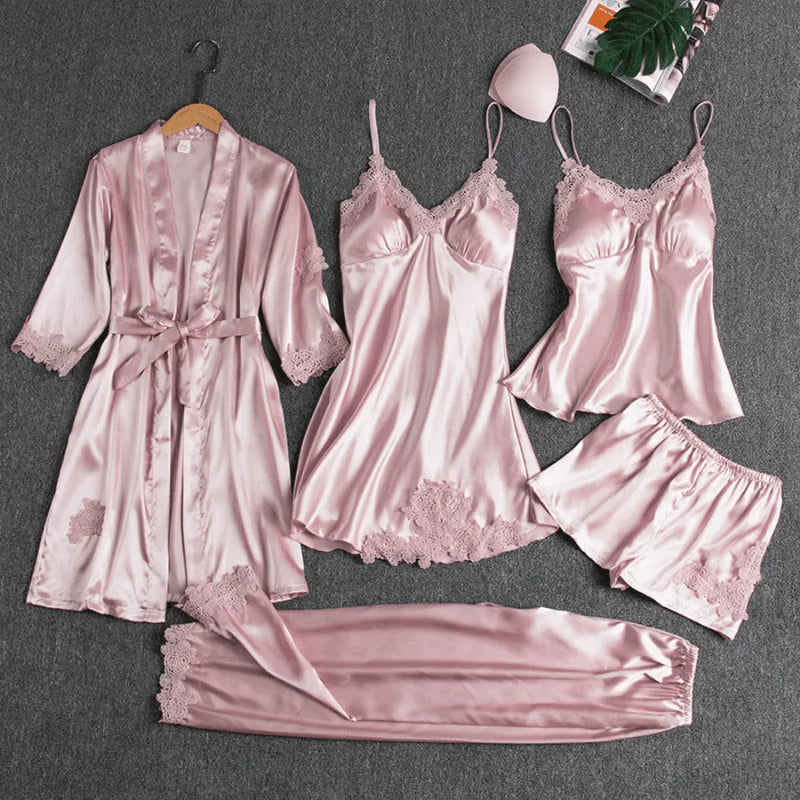 Conjunto 5 Peças Pijama Feminino Monroe Com Camisola, Baby Doll, Shorts, Calça e Roupão Em Seda Gelo Premium | Toque De Seda Confortável
