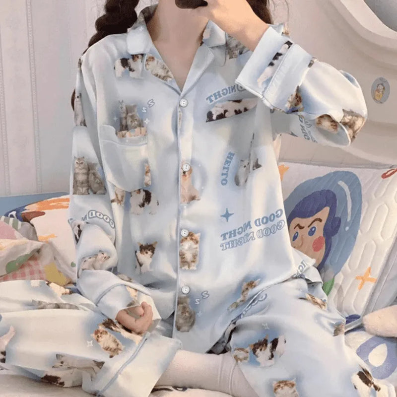 Pijama Feminino LuxuryCat - Conjunto Calça e Camisa Longa Em Seda Gelo Premium | Toque De Seda Super Confortável