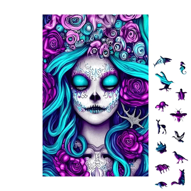 Quebra-Cabeça De Madeira Inova WOOD PUZZLE - Caveira Mexicana Azul | Diversão Com Diversos Benefícios