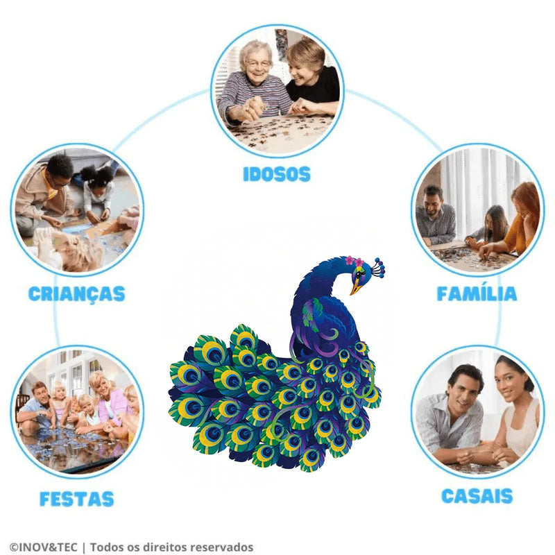 Quebra-Cabeça de Madeira Inova WOOD PUZZLE - Pavão Brasileiro | Diversão com Diversos Benefícios para Crianças e Idosos