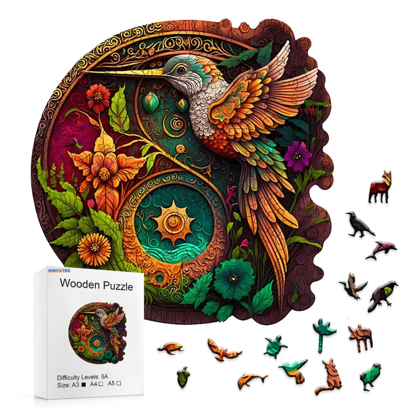 Quebra-Cabeça de Madeira Inova WOOD PUZZLE - Beija-flor Livre | Diversão com Diversos Benefícios para Crianças e Idosos