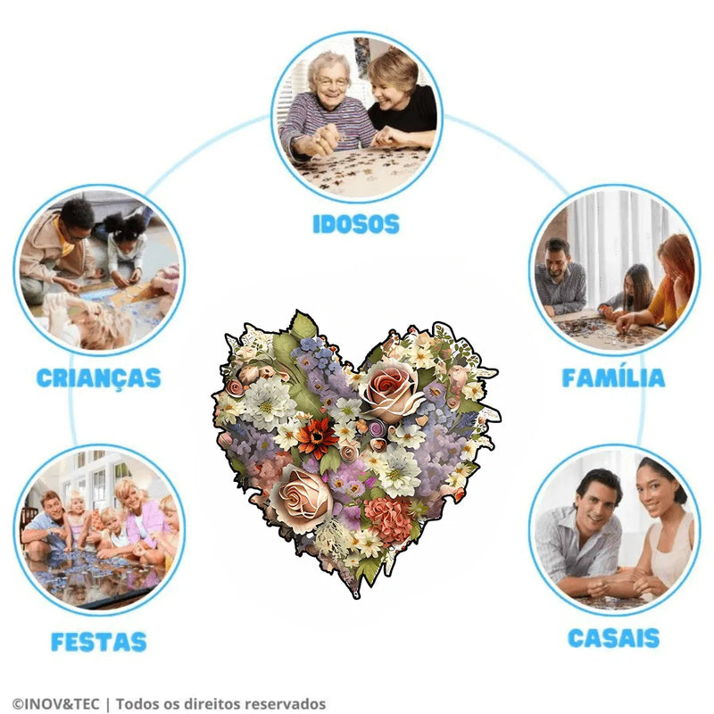 Quebra-Cabeça de Madeira Inova WOOD PUZZLE - Coração Floral | Diversão com Diversos Benefícios para Crianças e Idosos
