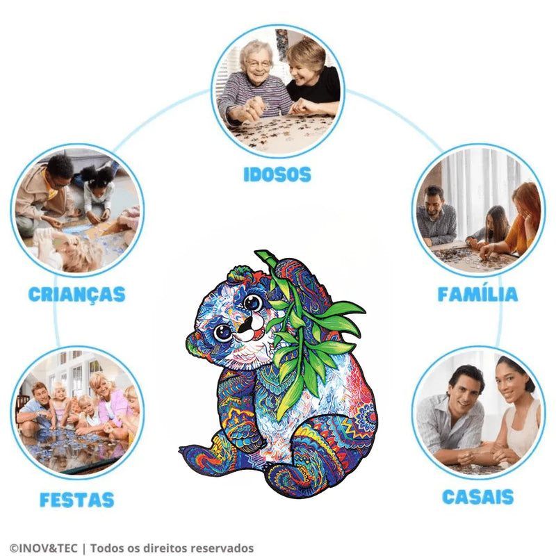 Quebra-Cabeça de Madeira Inova WOOD PUZZLE - Panda com Bambu | Diversão com Diversos Benefícios para Crianças e Idosos