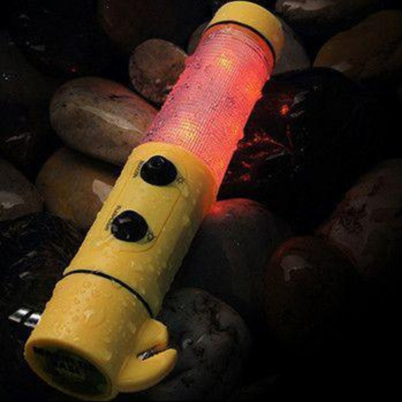 Lanterna para Fuga de Emergência de LED 5 em 1 Sinalização Vermelha, Faca para Cinto de Segurança, Martelo e Imã