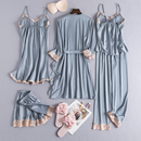 Conjunto 5 Peças Pijama Feminino Madamme Com Camisola, Baby Doll, Shorts, Calça e Roupão Em Seda Gelo Premium | Toque De Seda Confortável