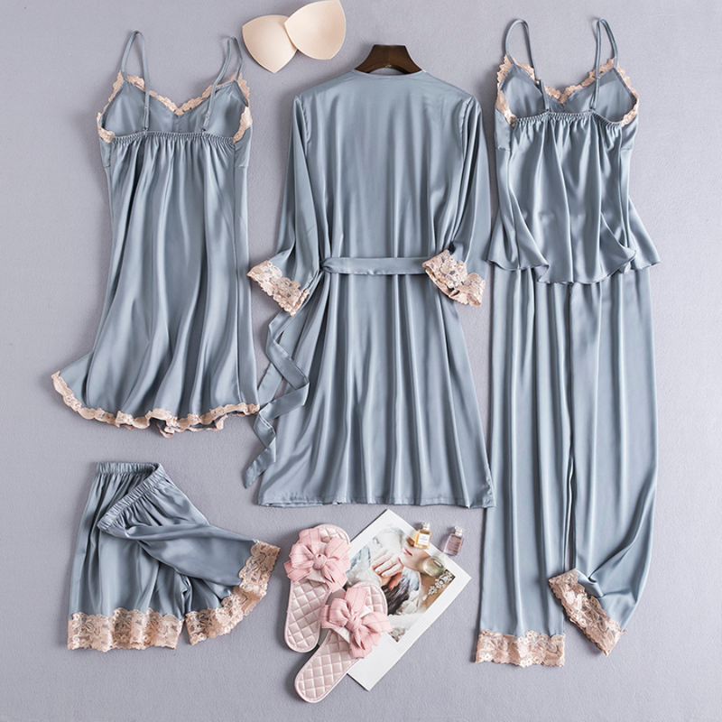 Conjunto 5 Peças Pijama Feminino Madamme Com Camisola, Baby Doll, Shorts, Calça e Roupão Em Seda Gelo Premium | Toque De Seda Confortável