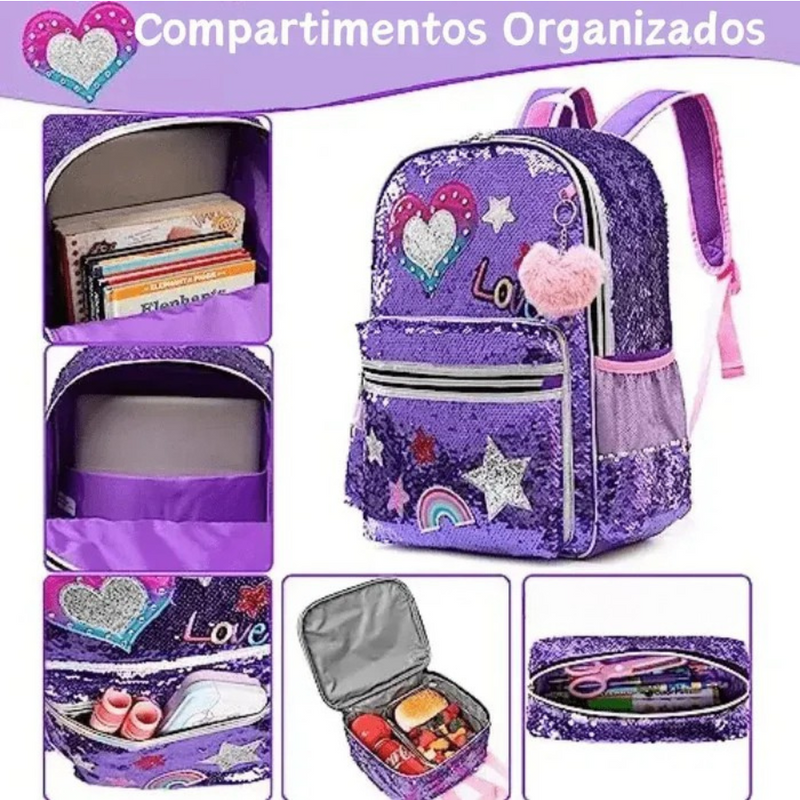Mochila Infantil para Meninas Super Shine Com Lantejoulas + Estojo e Lancheira de Brinde