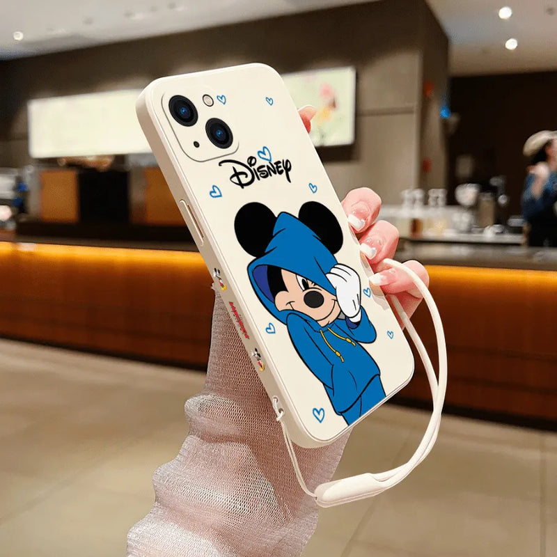 Capinha de Celular para Iphone com Cordão de Brinde de Casal Mickey e Minnie