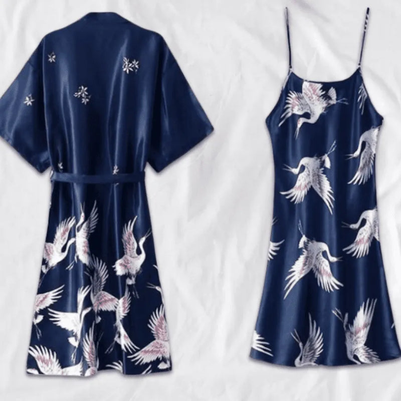 Pijama Feminino OrientalFly Conjunto Camisola e Roupão Em Seda Gelo | Toque De Seda Confortável