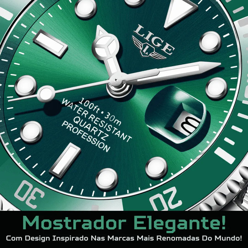 Relógio Masculino LIGE "Quartz Date" - Aço Inoxidável, Movimento de Quartzo, Data, Catraca Funcional, Vidro de Cristal e À Prova D'água 30 Metros