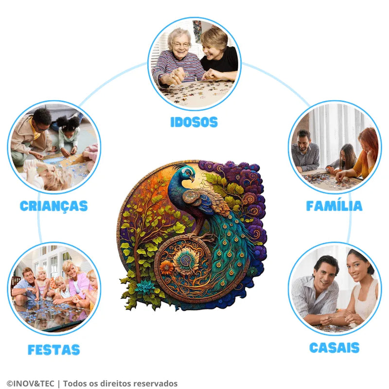 Quebra-Cabeça De Madeira Inova WOOD PUZZLE - Pavão Na Natureza | Diversão Com Diversos Benefícios Para Crianças e Idosos