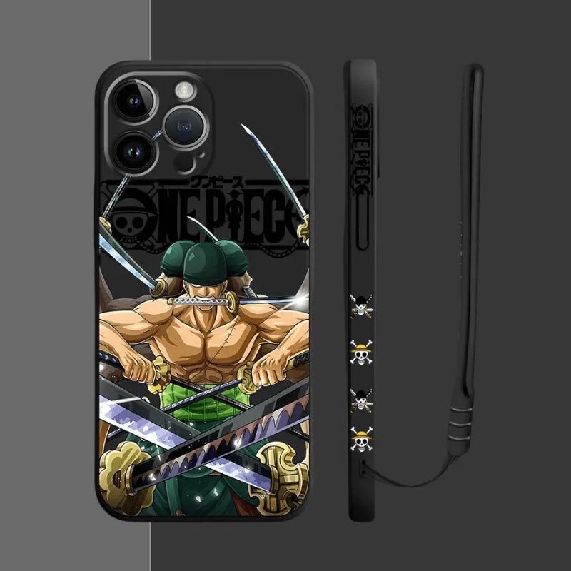 Capinha de Celular para Iphone em Silicone com Cordão One Piece Luffy e Zoro