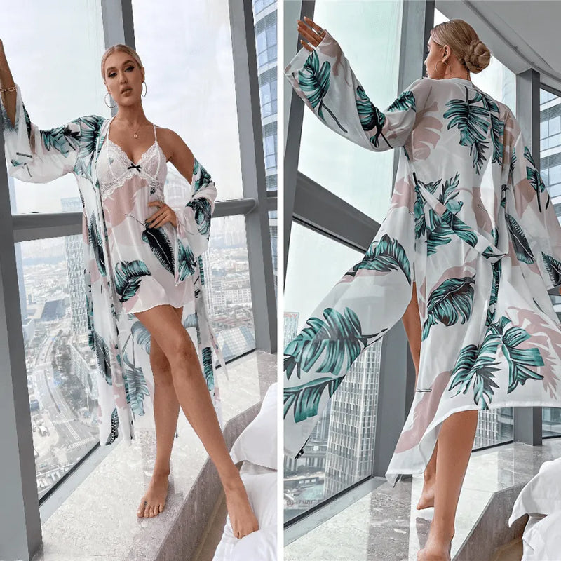 Pijama Feminino Selvage Conjunto Camisola e Roupão Em Cetim Seda Premium Com Detalhes De Renda | Toque De Seda Confortável