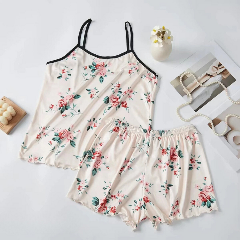 Pijama Feminino Cozy Flower - Conjunto BabyDoll e Shorts Fresquinho Toque De Seda | Tecido Super Macio e Confortável