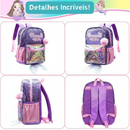 Mochila Infantil para Meninas Super Shine Com Lantejoulas + Estojo e Lancheira de Brinde