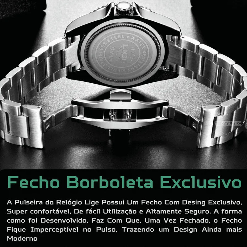 Relógio Masculino LIGE "Quartz Date" - Aço Inoxidável, Movimento de Quartzo, Data, Catraca Funcional, Vidro de Cristal e À Prova D'água 30 Metros