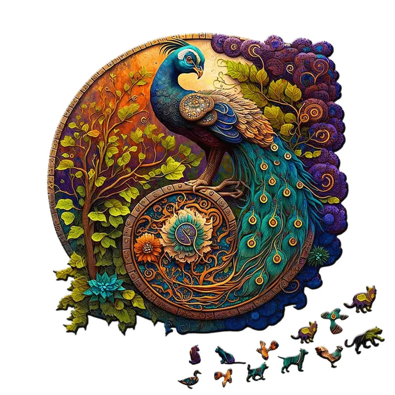 Quebra-Cabeça De Madeira Inova WOOD PUZZLE - Pavão Na Natureza | Diversão Com Diversos Benefícios Para Crianças e Idosos