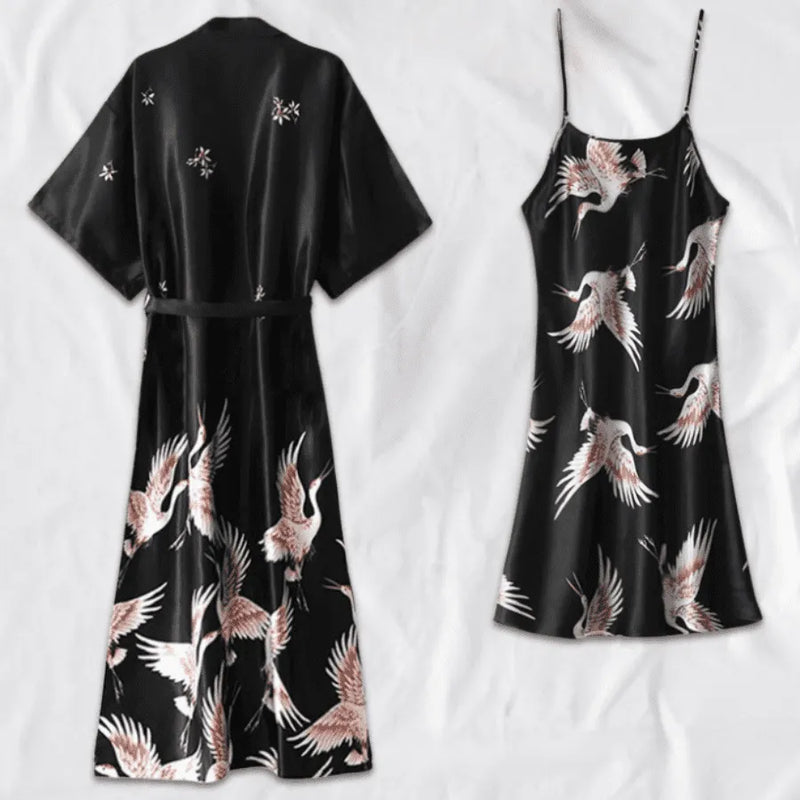 Pijama Feminino OrientalFly Conjunto Camisola e Roupão Em Seda Gelo | Toque De Seda Confortável