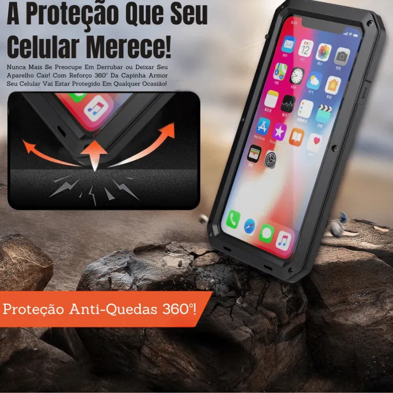 Capinha de Celular para IPhone com Vidro Temperado e Estrutura de Alumínio com Proteção 360° Metal Armor