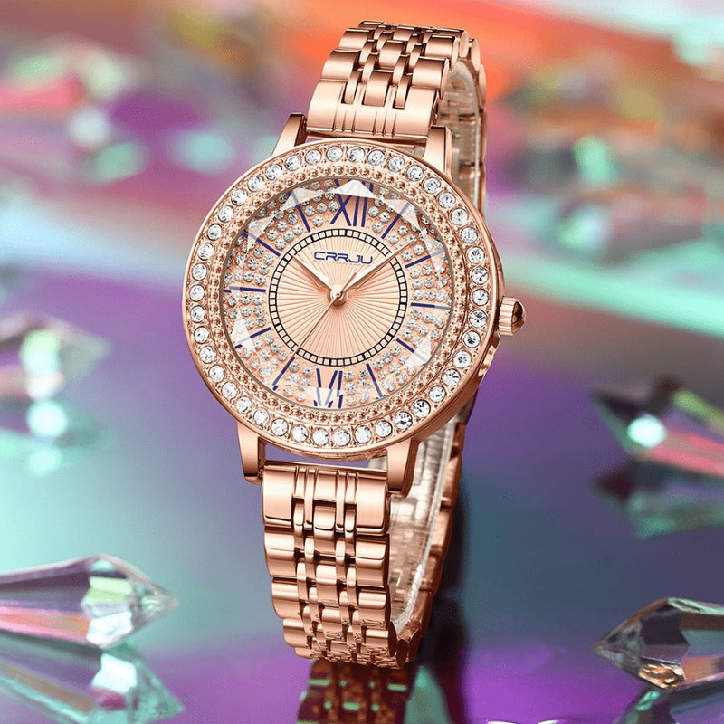 Relógio Feminino CRRJU CRISTAL DIAMOND - Vidro Lapidado, Cravejado Com Cristais de Zircônia, Movimento de Quartzo, Resistente à Água 30M