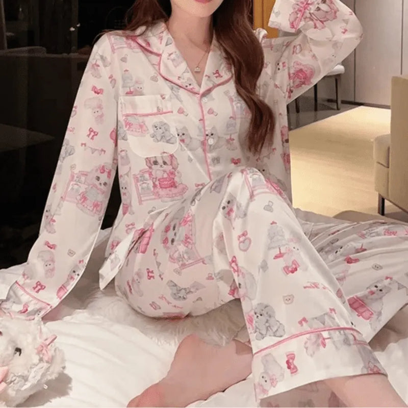 Pijama Feminino LuxuryCat - Conjunto Calça e Camisa Longa Em Seda Gelo Premium | Toque De Seda Super Confortável