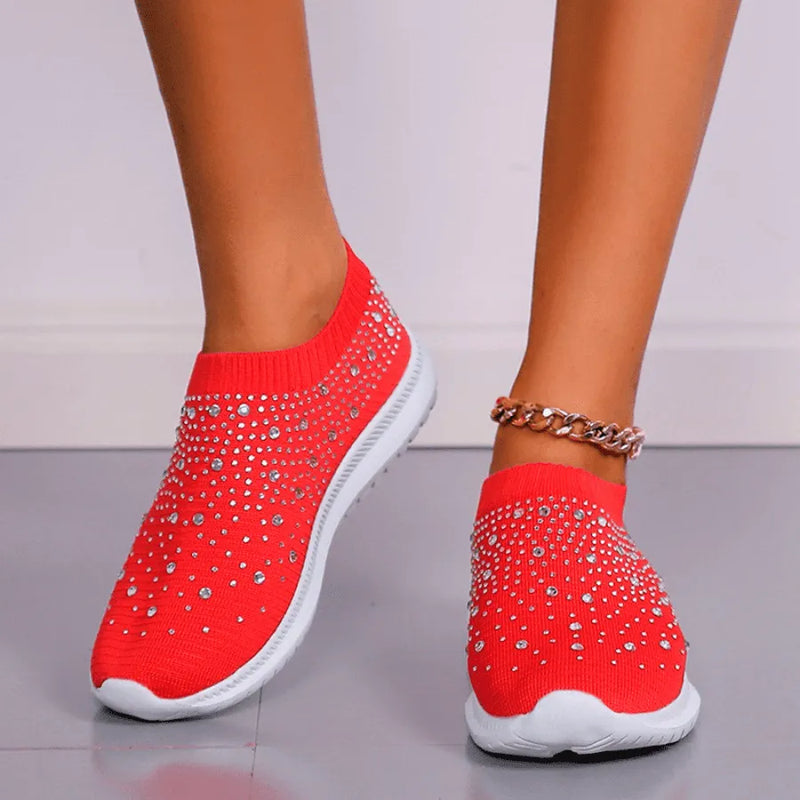 Tênis Meia Slip on Shining Crystal  - Feito Em Fibra Mesh Super Macia Com Strass para Um Design Único e Estiloso