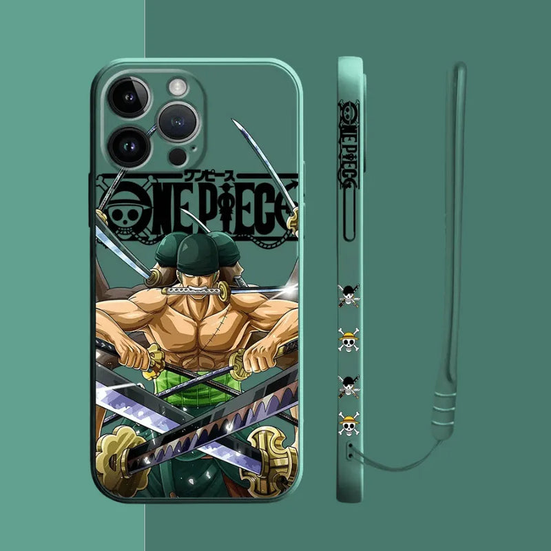 Capinha de Celular para Iphone em Silicone com Cordão One Piece Luffy e Zoro
