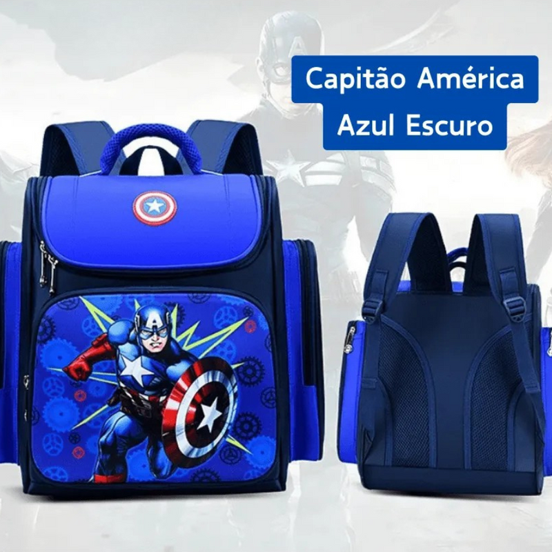 Mochila Escolar Infantil Premium com Almodas Respiráveis Super heróis Capitão América e Homem Aranha