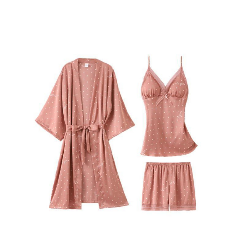Pijama Feminino SleepWear - Conjunto 5 Peças, Roupão, Camisola, Calça, Shorts e BabyDoll em Seda Cetim | Toque de Seda Super Confortável